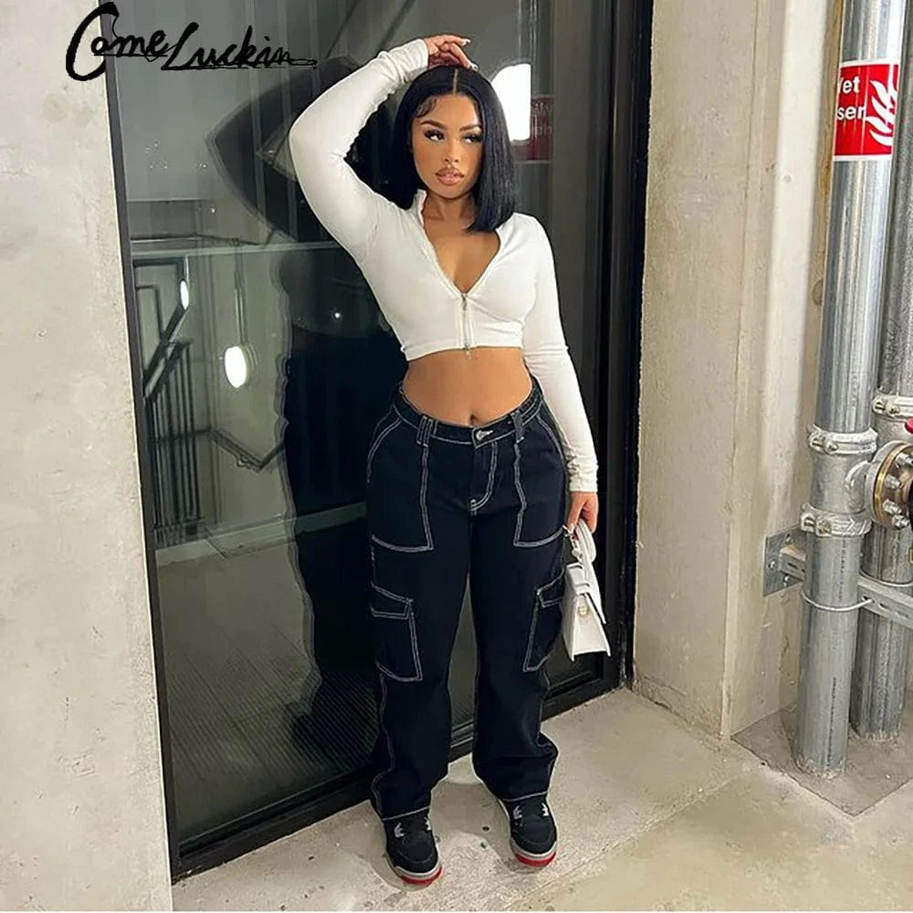 Y2k New Arrivals Trendy Cargo Pants Women Baggy High Waisted Black Gothic Girl Pants