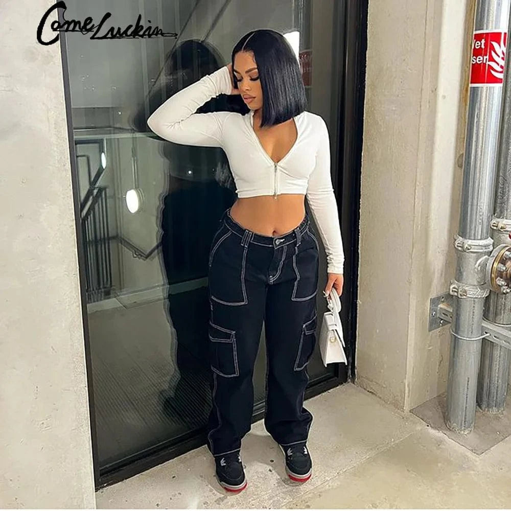 Y2k New Arrivals Trendy Cargo Pants Women Baggy High Waisted Black Gothic Girl Pants