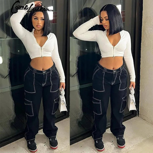Y2k New Arrivals Trendy Cargo Pants Women Baggy High Waisted Black Gothic Girl Pants