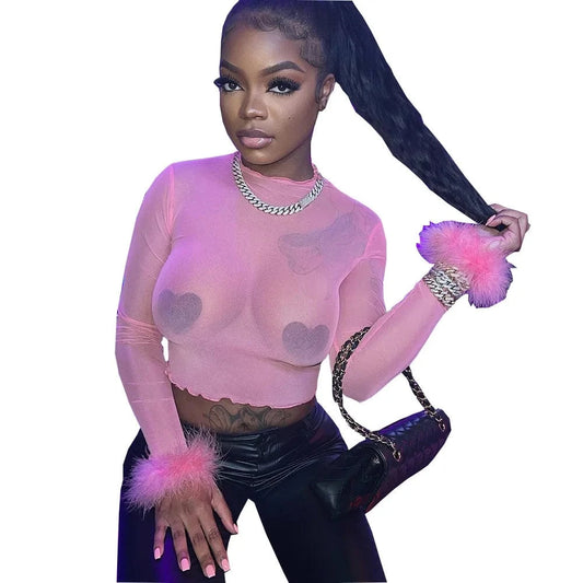 Y2K Pink Fall Womens Crop Top Sexy Pullover Long Sleeve T-Shirt  Women Clothing Ladies Mesh See Through Tops with Feathers