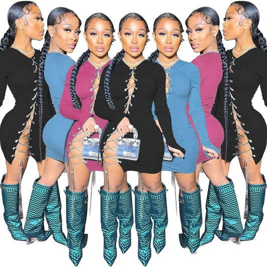 Y2K Women Lace up dress long trumpet sleeved solid bodycon dress autumn boutique women's clothing