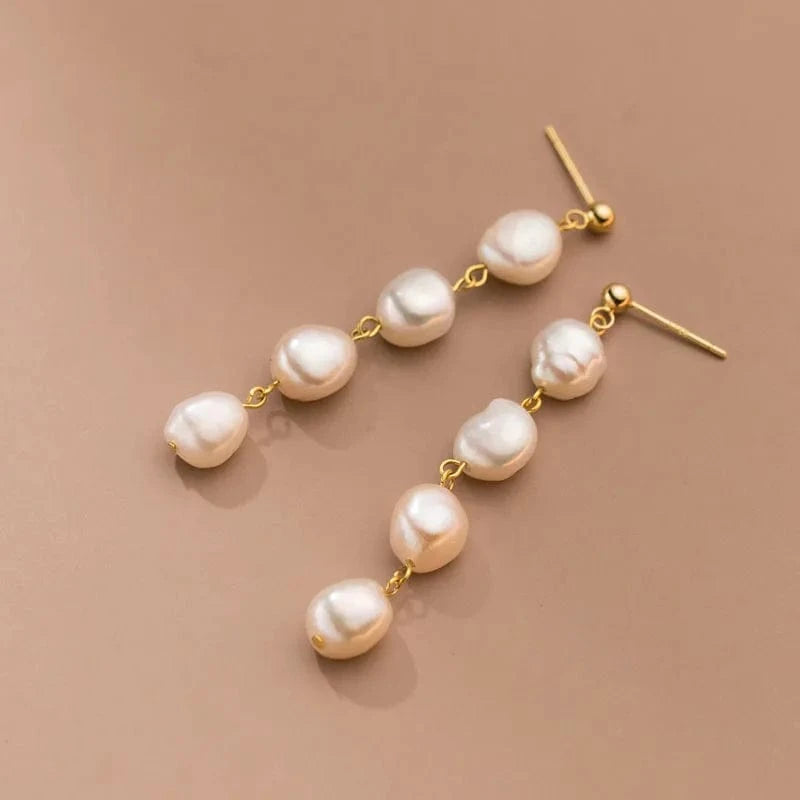 YB-A4411 Gold 925 Sterling Silver 18K Gold Plated Handmade Baroque Freshwater Pearl Tassel Dangle Earrings For Girls