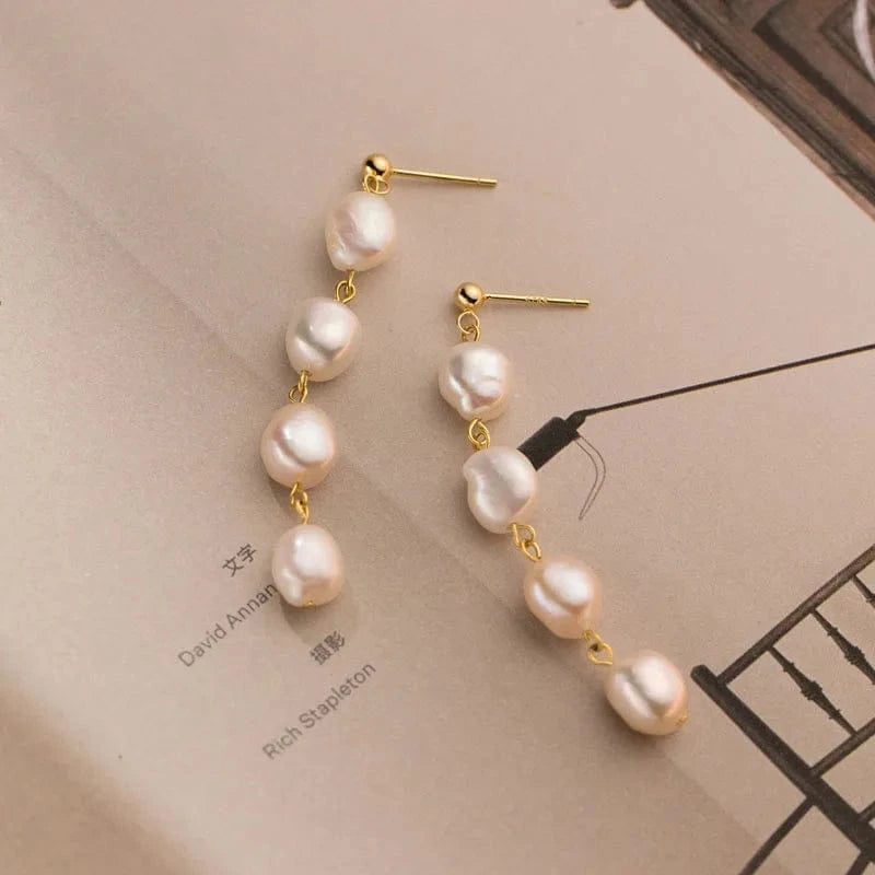YB-A4411 Gold 925 Sterling Silver 18K Gold Plated Handmade Baroque Freshwater Pearl Tassel Dangle Earrings For Girls