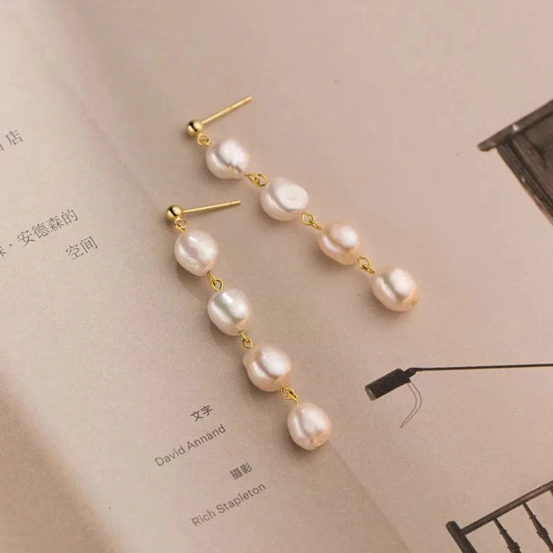 YB-A4411 Gold 925 Sterling Silver 18K Gold Plated Handmade Baroque Freshwater Pearl Tassel Dangle Earrings For Girls