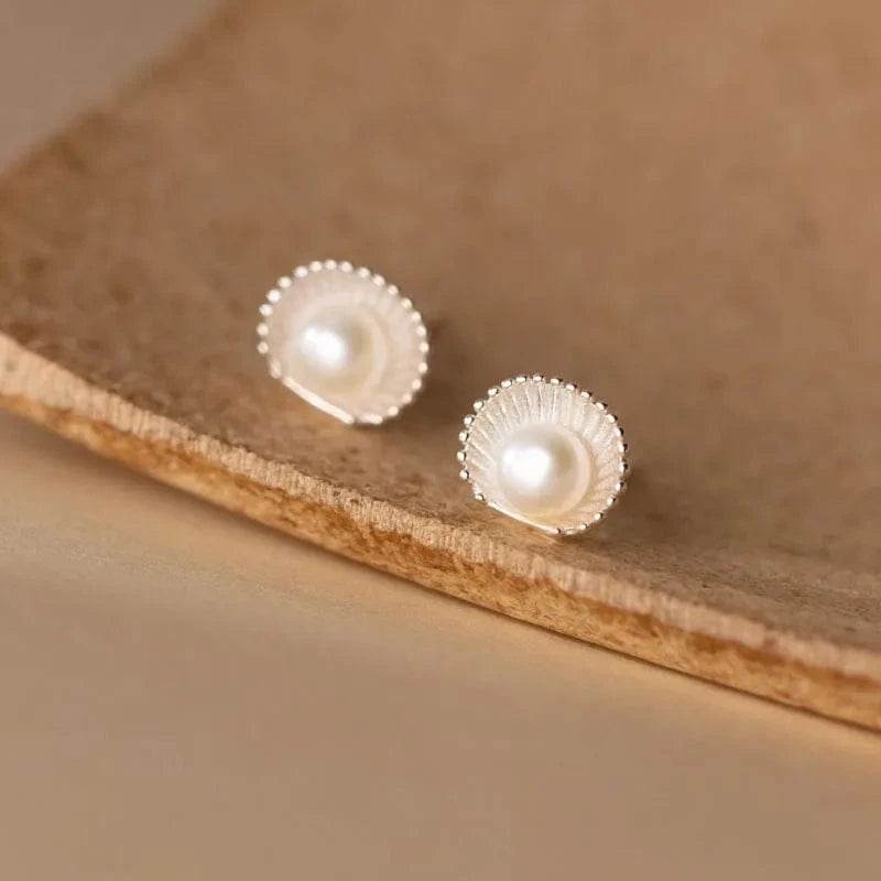 YB-A4416 Silver 925 Sterling Silver Simple Design Freshwater Pearl Shell Shape Stud Earrings For Girls Women Birthday Gifts Jewelry