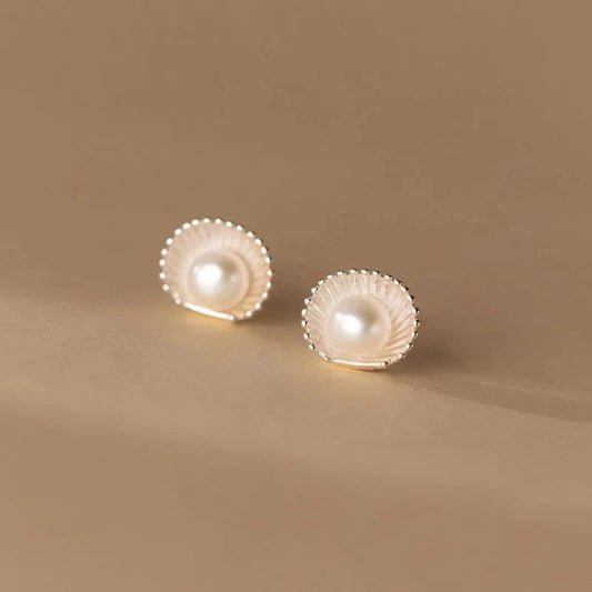 YB-A4416 Silver 925 Sterling Silver Simple Design Freshwater Pearl Shell Shape Stud Earrings For Girls Women Birthday Gifts Jewelry