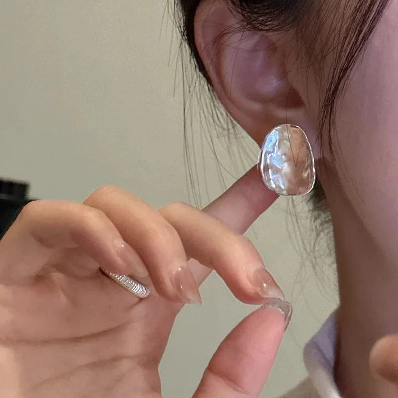 YB-A4440 Silver Geometric Japan Design Hammered Oval Round Chunky Stud Earrings 925 Sterling Silver Women Jewelry Gifts