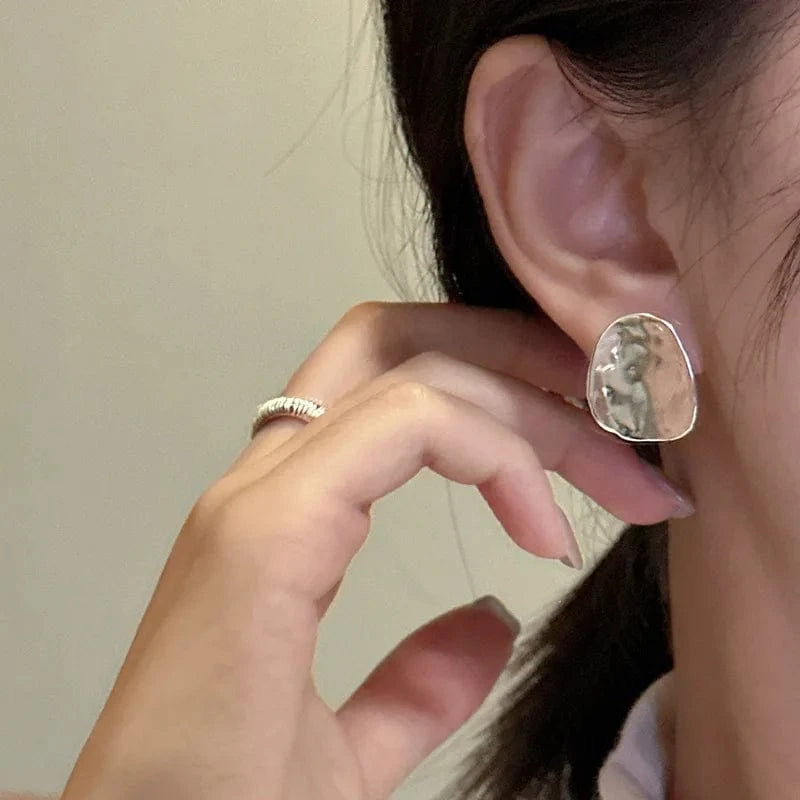 YB-A4440 Silver Geometric Japan Design Hammered Oval Round Chunky Stud Earrings 925 Sterling Silver Women Jewelry Gifts