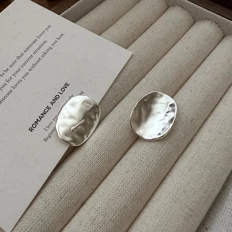 YB-A4440 Silver Geometric Japan Design Hammered Oval Round Chunky Stud Earrings 925 Sterling Silver Women Jewelry Gifts