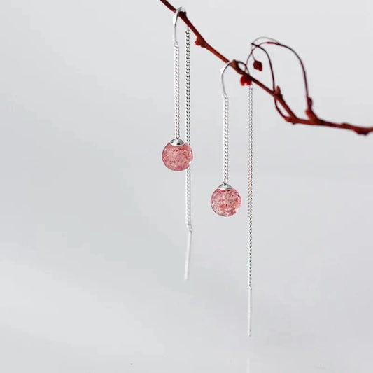 YB-A4445 Silver 1 Pair Wholesale Round Strawberry Long Ear Line Drop Earrings 925 Sterling Silver Women Jewelry Gifts