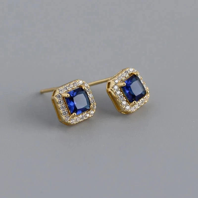 YB-A4469 Gold Blue Luxury Cubic Zircon Square Shape Colorful Wedding Stud Earrings Wholesale 925 Sterling Silver Jewelry Gifts