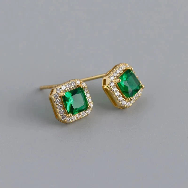 YB-A4469 Gold Green Luxury Cubic Zircon Square Shape Colorful Wedding Stud Earrings Wholesale 925 Sterling Silver Jewelry Gifts