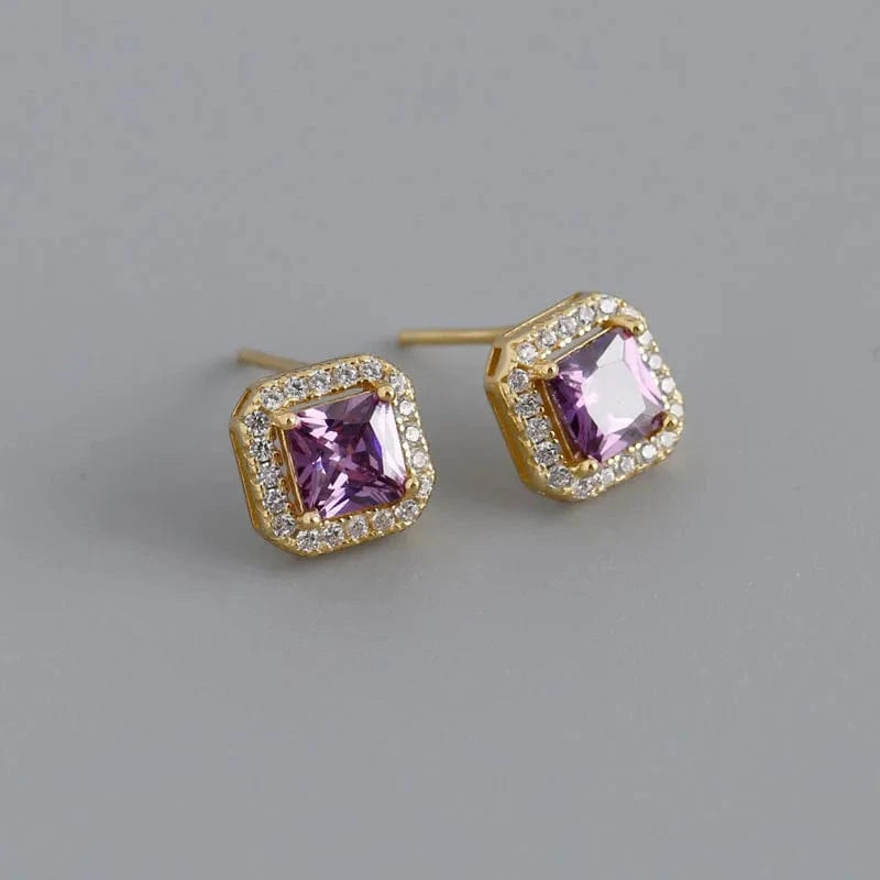 YB-A4469 Gold Purple Luxury Cubic Zircon Square Shape Colorful Wedding Stud Earrings Wholesale 925 Sterling Silver Jewelry Gifts