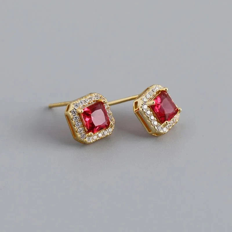 YB-A4469 Gold Red Luxury Cubic Zircon Square Shape Colorful Wedding Stud Earrings Wholesale 925 Sterling Silver Jewelry Gifts