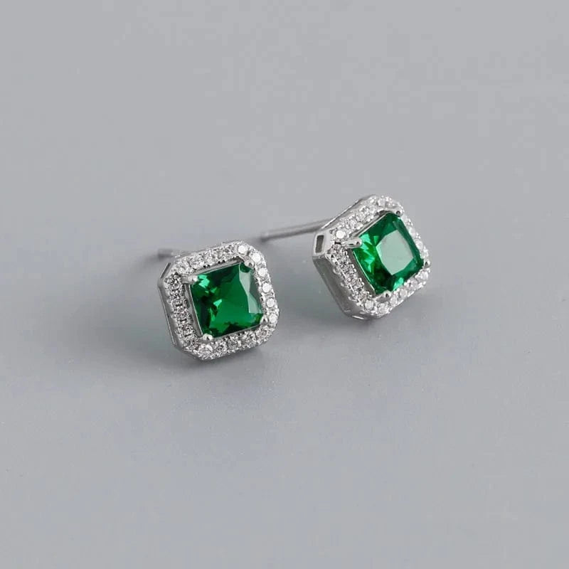 YB-A4469 Silver Green Luxury Cubic Zircon Square Shape Colorful Wedding Stud Earrings Wholesale 925 Sterling Silver Jewelry Gifts