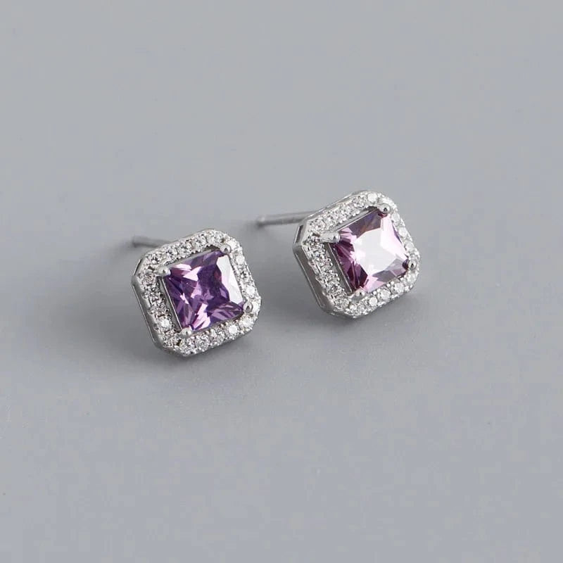 YB-A4469 Silver Purple Luxury Cubic Zircon Square Shape Colorful Wedding Stud Earrings Wholesale 925 Sterling Silver Jewelry Gifts