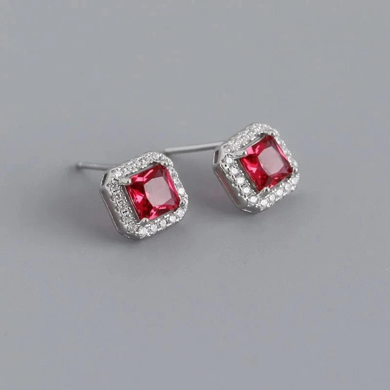 YB-A4469 Silver Red Luxury Cubic Zircon Square Shape Colorful Wedding Stud Earrings Wholesale 925 Sterling Silver Jewelry Gifts