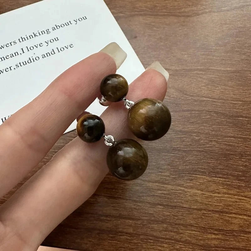 YB-A4698 Tiger Eye Stone Fashion Lady Earrings 925 Sterling Silver Double Round Natural Stone Stud Earrings For Women Gifts