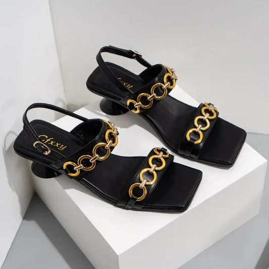 YC 2023 New design square head chain high heel sandals women's fashion open toe buckle sandals