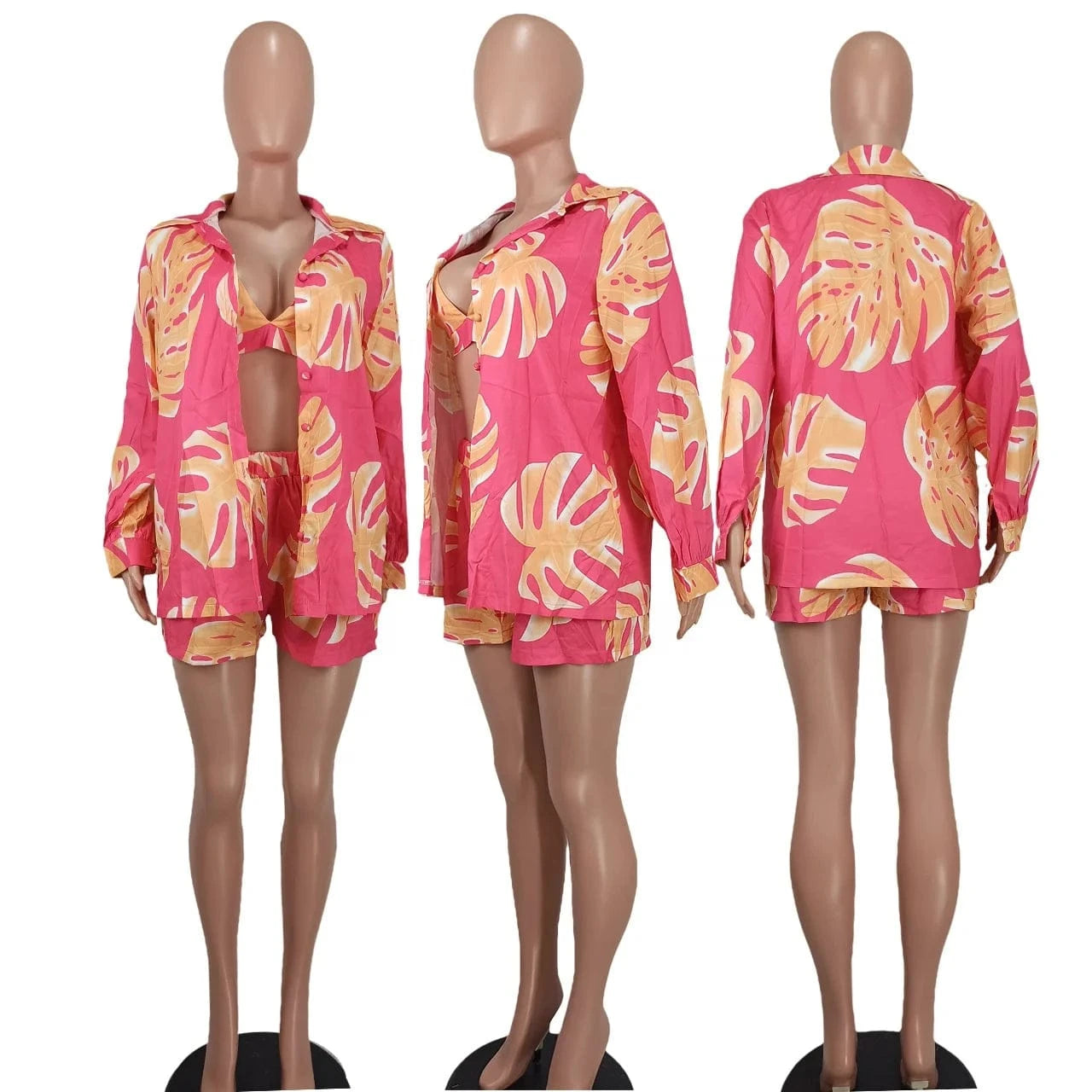 YD8757 Trendy boutique fall 2024 women clothes fashion printed lounge wear cardigan shirts mini shorts 3 piece set women's sets