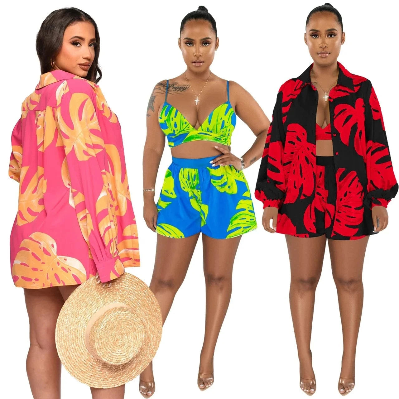 YD8757 Trendy boutique fall 2024 women clothes fashion printed lounge wear cardigan shirts mini shorts 3 piece set women's sets