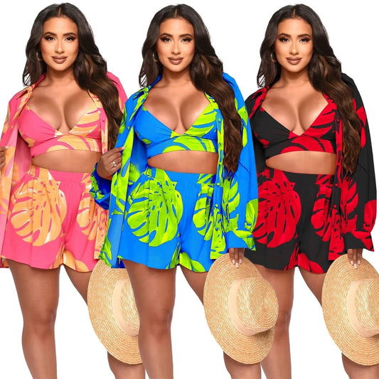 YD8757 Trendy boutique fall 2024 women clothes fashion printed lounge wear cardigan shirts mini shorts 3 piece set women's sets