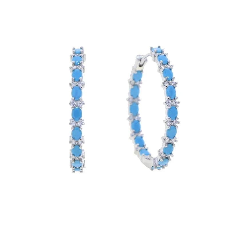 YE20-Silver Four Prong Setting Turquoise Oval Huggie Hoop Earring Micro Pave CZ Bling Gold Plated Trendy Fine Women Jewelry