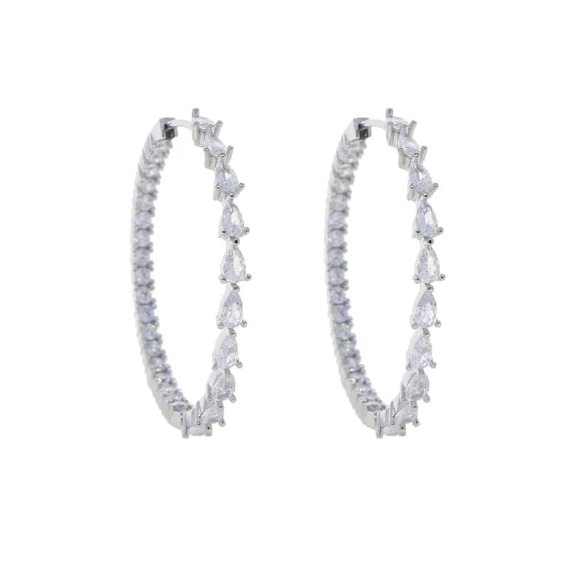 YE39-Silver Iced Out Bling Cubic Zirconia Trendy 45mm Women Jewelry Micro Pave CZ Half Water Drop Diamond Big Circle Huggie Hoop Earring