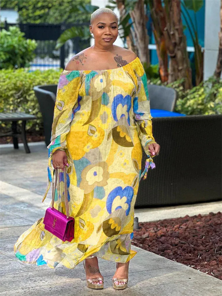 Yellow / 5XL Wmstar Plus Size Women Dresses Flower Printed Loose Elegant Maxi Dress Outfits Fashion Streetwear Wholesale Dropshipping 2023