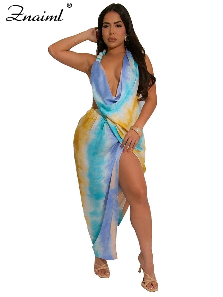 yellow dress / XXL Znaiml Sexy Beach Vacation Deep V-neck Bead Halter Sleeveless Backless Dress Women Fashion High Split Printed Night Club Robe