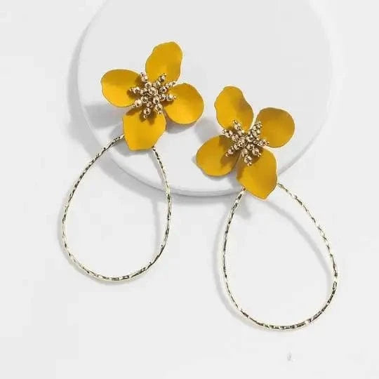 Yellow E9002 enamel drop 2 flower wire earring Hawaiian gold jewelry wholesale earring set stud hoop earring 14k gold for woman girl