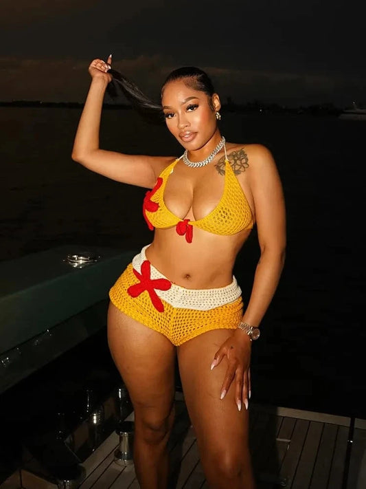 Yellow / L Joskaa 3D Flower Knit Beach Style 2 Piece Sets Women Sexy Halter Bra and Patchwork Shorts Matching 2025 Summer Holiday Outfits