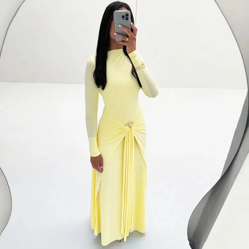 Yellow / M Elegant Solid Buckle Bandage Slim Maxi Dress for Women Autumn Long Sleeve Bodycon Holidays Party Dress Lady Casual Dress