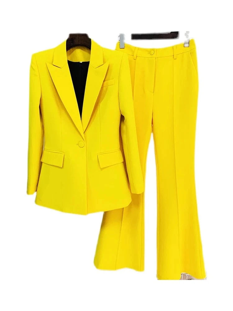 Yellow / M HIGH STREET Newest 2024 Runway Designer Suit Set Women's Single Button Blazer Flare Pants Suit