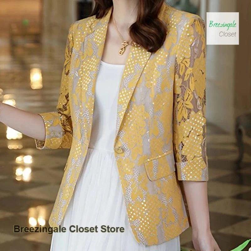 Yellow / S French lace openwork small suit jacket women's summer thin new fashion temperament casual slim beautiful western-style top.