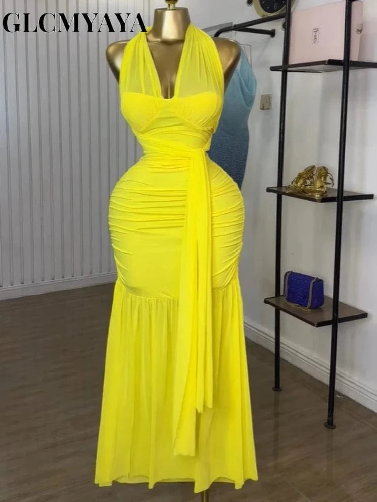 Yellow / S GLCMYAYA Women Halter Neck Ruched Stacked Sleeveless Bodycon Midi Maxi Long Dress 2025 Summer Vacation Holiday Elegant Dresses