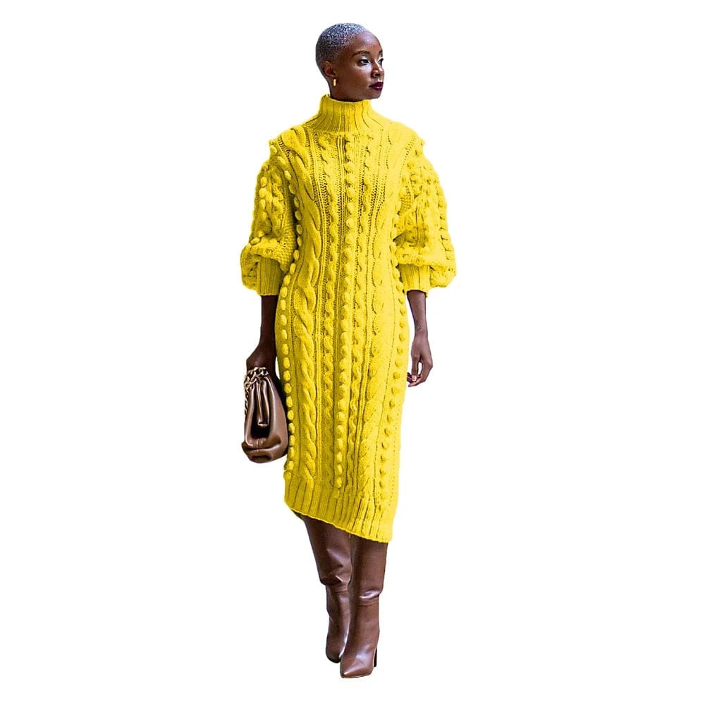 Yellow / S Womens Knitted Dresses High Neck Long Sleeve Sweater Dress with Split Ladies Vintage Knit Midi Dress Casual Fashion Winter
