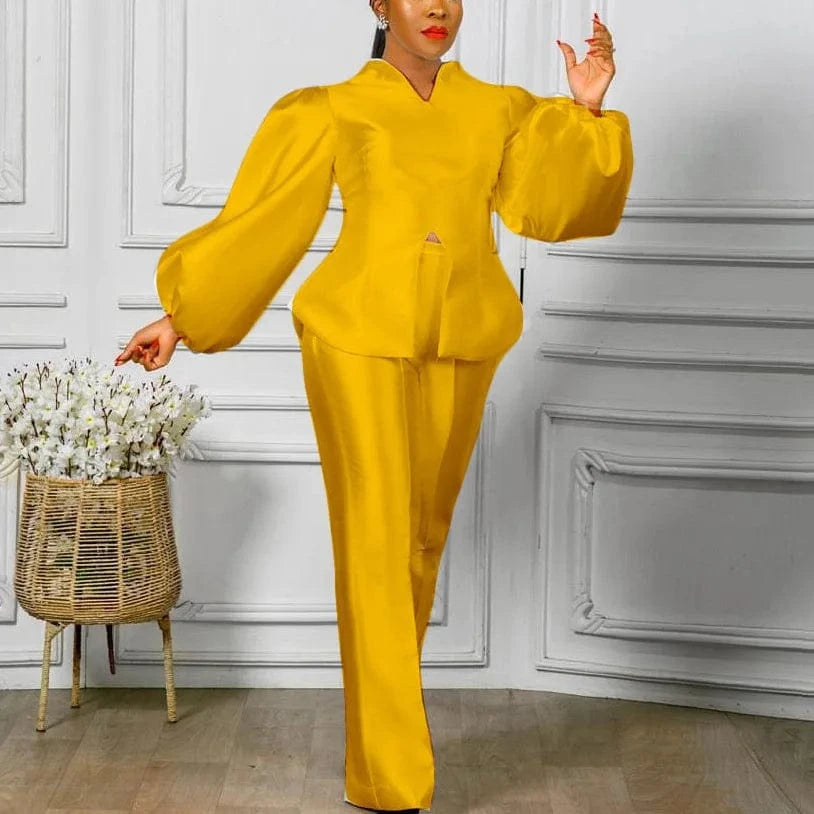Yellow Sets / XXXL Elegant Office Ladies 2 Pieces Pants Sets Solid Satin Blouse & Long Trousers Straight Luxury High Quality Female Outfits Sets