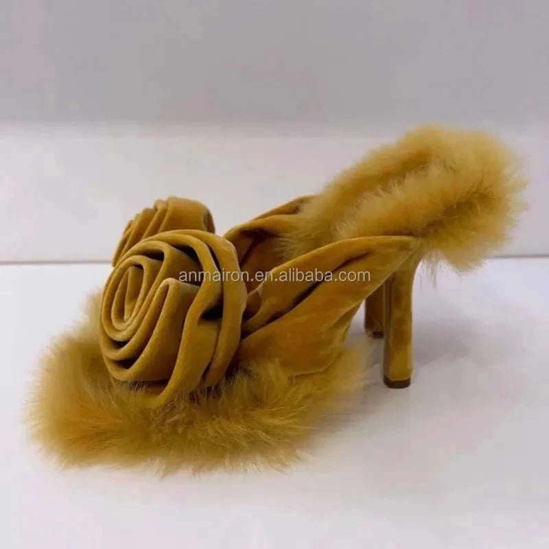 yellow suede materials women fluffy slides high heeled mule sandals with rose flowers