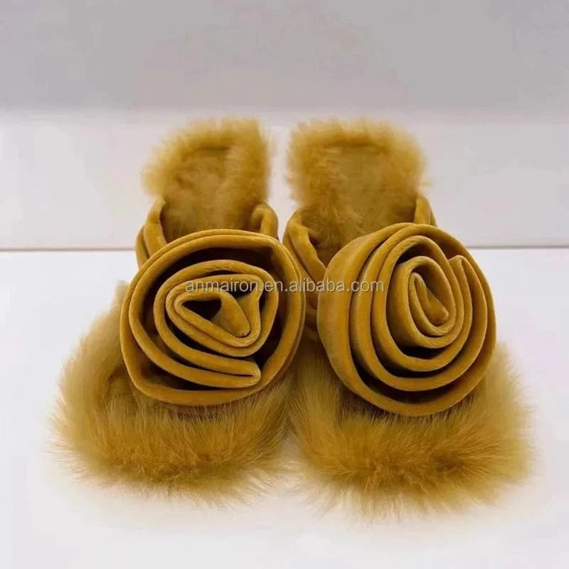 yellow suede materials women fluffy slides high heeled mule sandals with rose flowers