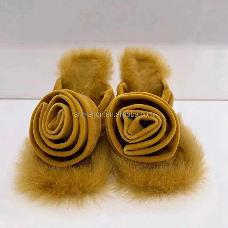 yellow suede materials women fluffy slides high heeled mule sandals with rose flowers