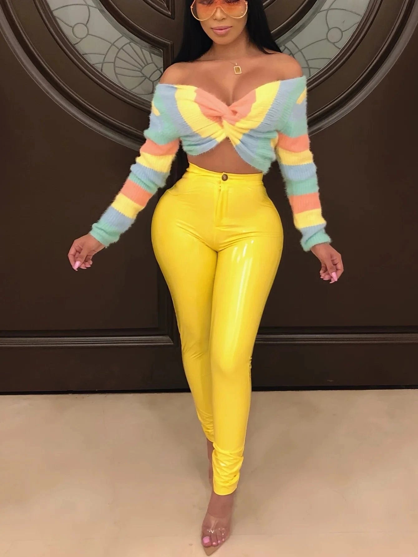 Yellow / XL Women Latex Faux Pu Leather Pants Trousers Push Up High Waist Skinny Pants Pencil Fall Winter Solid Color Sexy Pants Female