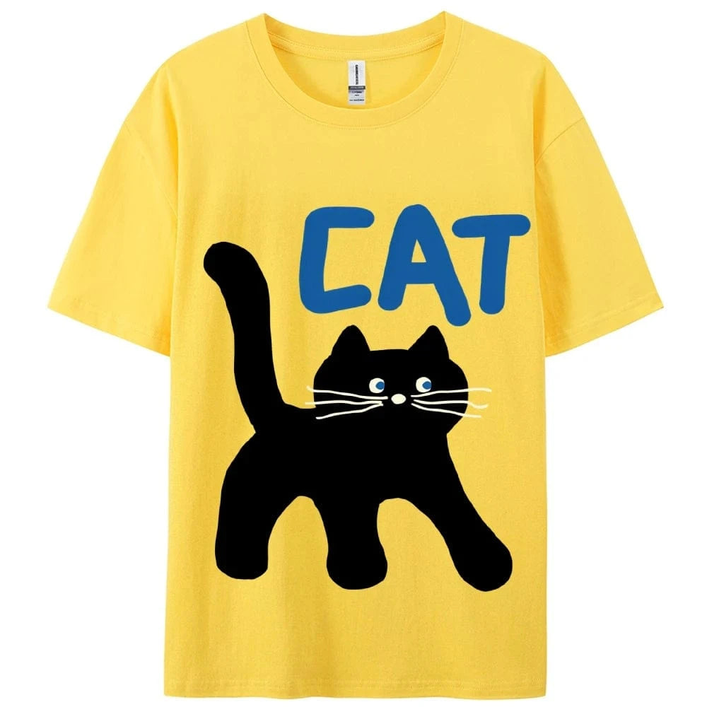 Yellow / XS Women's Basic Crew Neck Tee Trendy Y2K Women's Short Sleeve Cartoon Cat Print Cute Aesthetic Cotton Casual T-Shirt