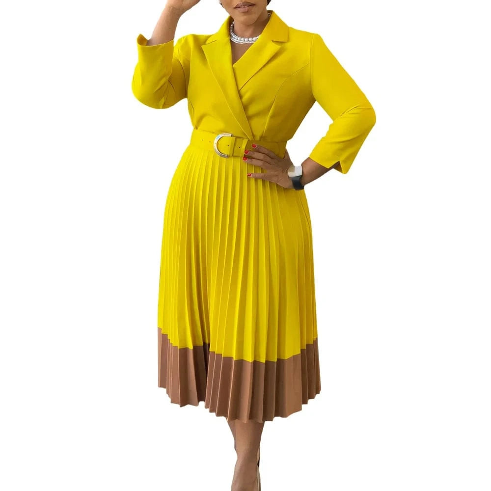 Yellow / XXXL 2024 Autumn Fashion Women Elegant Pleated Dress Suit Collar Long Sleeve Belt African Dresses Office Lady Pleat Church Dress