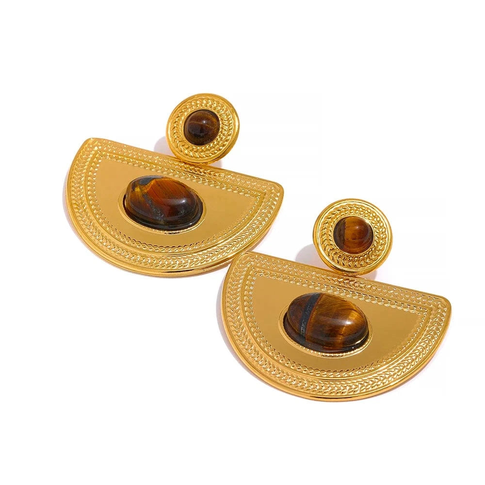 YH455A Brown Waterproof Natural Tirger Malachite Stone Stainless Steel Fan Big Drop Earrings Statement 2023 Fashion Jewelry