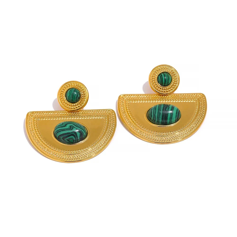 YH455A Green Waterproof Natural Tirger Malachite Stone Stainless Steel Fan Big Drop Earrings Statement 2023 Fashion Jewelry