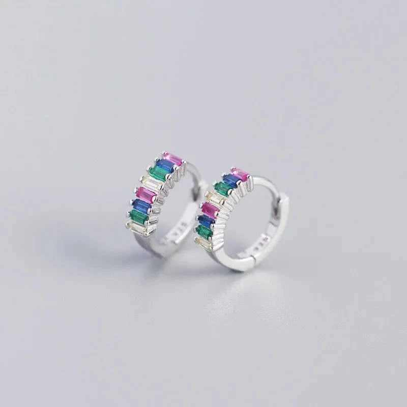 YHE0198-Rainbow Stone-Gold 2024 NEW 925 Sterling Silver rainbow rectangular shape with cz diamond  hoop earrings for women jewelry