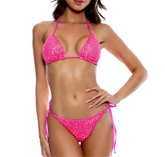 YONGQI  Hot Girls 2024 New Summer Vacation Beachwear  Sequined Bikini Swim Lace-up Panties Bikini Sets Bathing Suits for lady