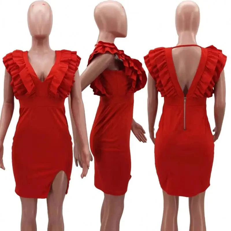 YP 2024 New Arrivals Patchwork Ruffles Backless Dress Solid Split Mini Dress For Women Sleeveless V Neck Dress