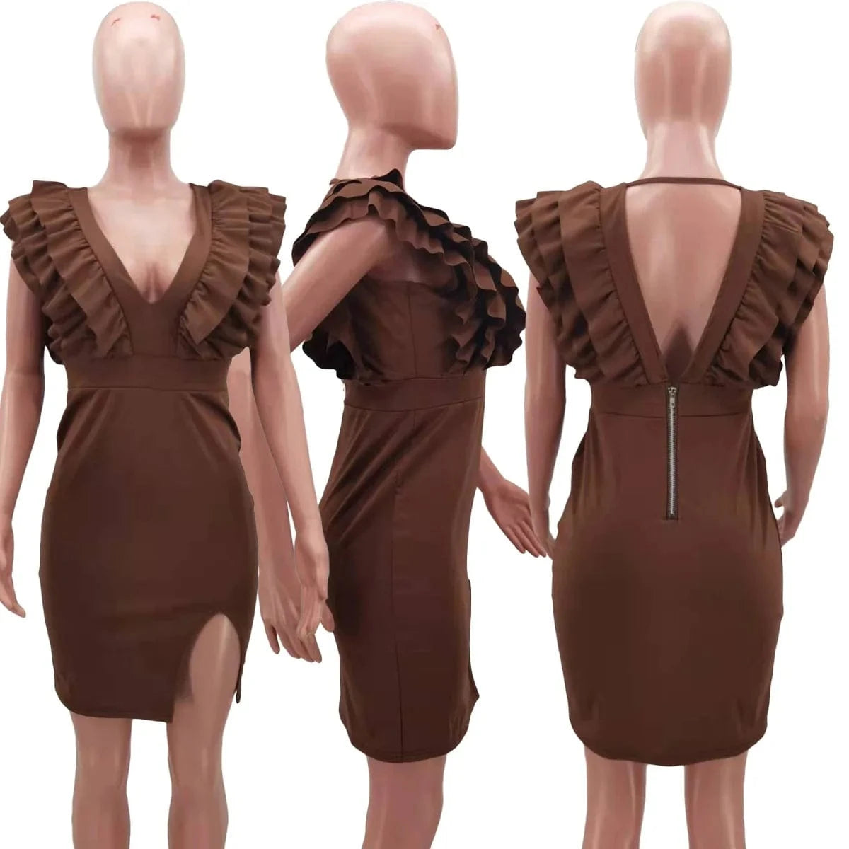 YP 2024 New Arrivals Patchwork Ruffles Backless Dress Solid Split Mini Dress For Women Sleeveless V Neck Dress